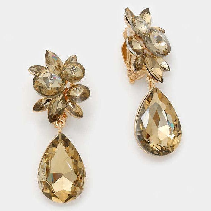 Floral Brown Teardrop Crystal Clip On Earrings