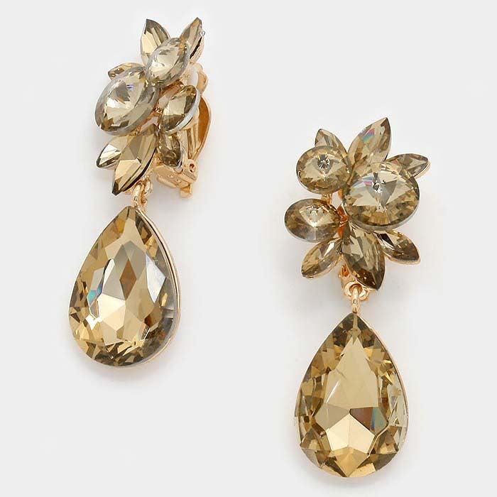 Floral Brown Teardrop Crystal Clip On Earrings