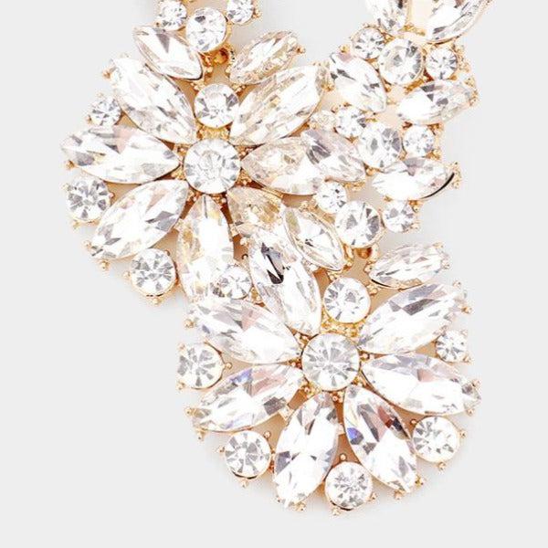 Floral Clear Round Marquise Stone Gold Earrings-Earring-SPARKLE ARMAND