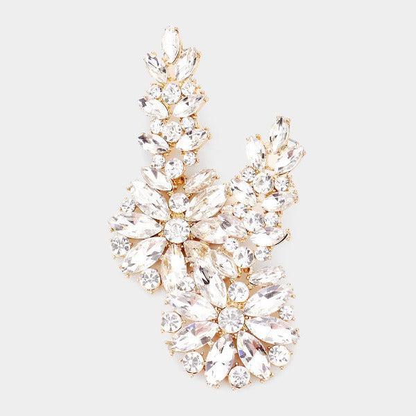 Floral Clear Round Marquise Stone Gold Earrings-Earring-SPARKLE ARMAND