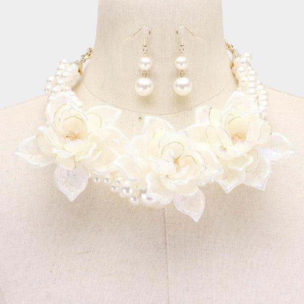 Floral Collar Crystal Pearl Braid Necklace Set