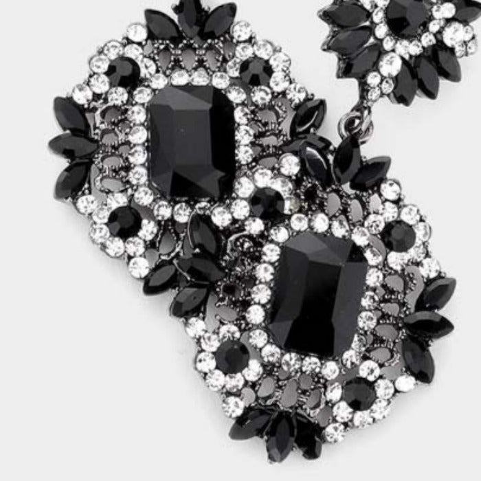 Floral Jet Black Crystal Rhinestone Evening Earrings