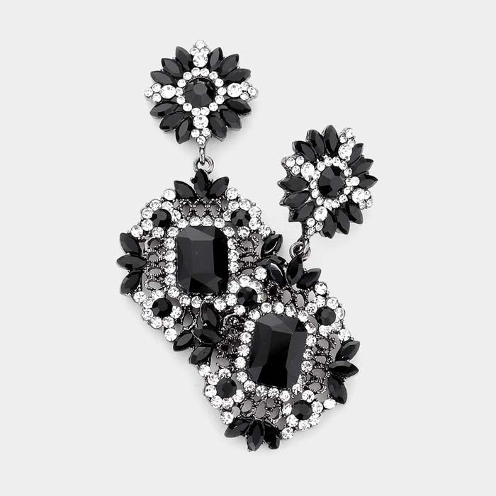 Floral Jet Black Crystal Rhinestone Evening Earrings