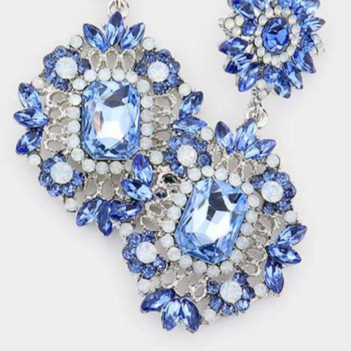 Floral Light Blue Crystal Rhinestone Evening Earrings