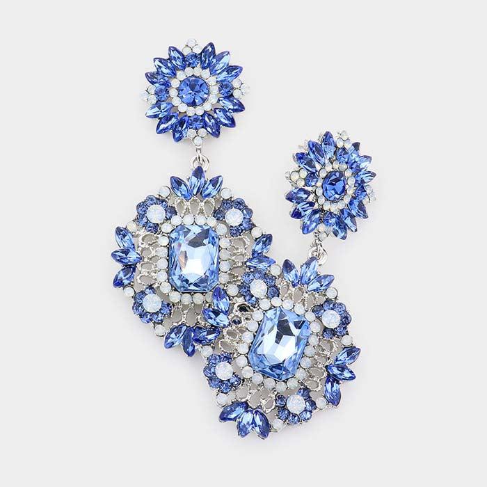 Floral Light Blue Crystal Rhinestone Evening Earrings