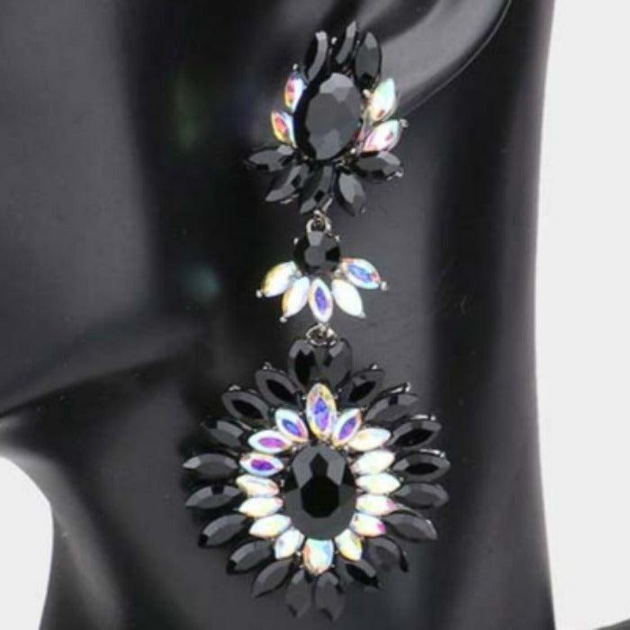 Floral Marquise Abalone & Jet Black Stone Cluster Evening Earrings