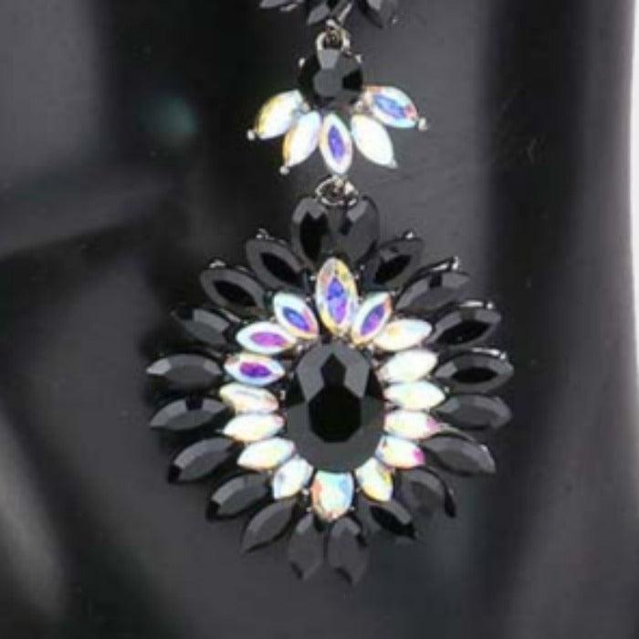 Floral Marquise Abalone & Jet Black Stone Cluster Evening Earrings