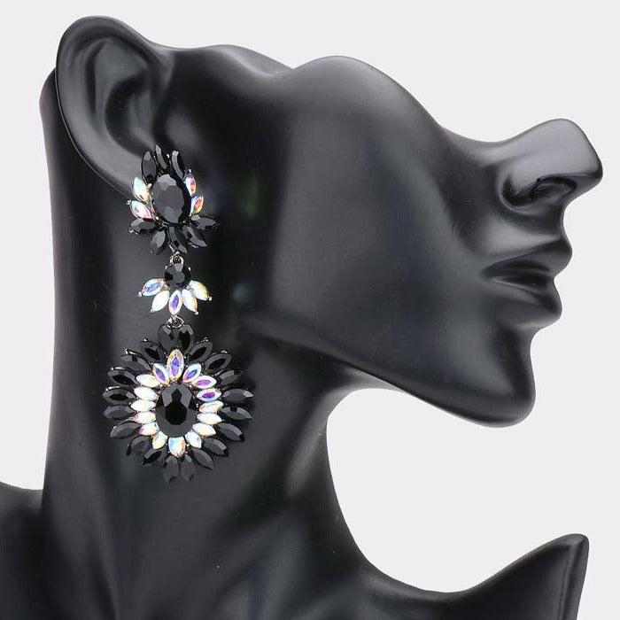 Floral Marquise Abalone & Jet Black Stone Cluster Evening Earrings