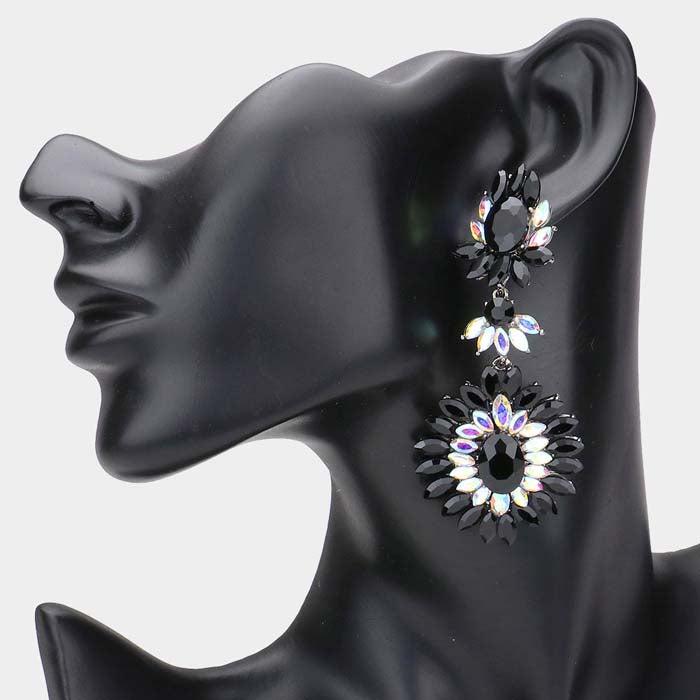 Floral Marquise Abalone & Jet Black Stone Cluster Evening Earrings