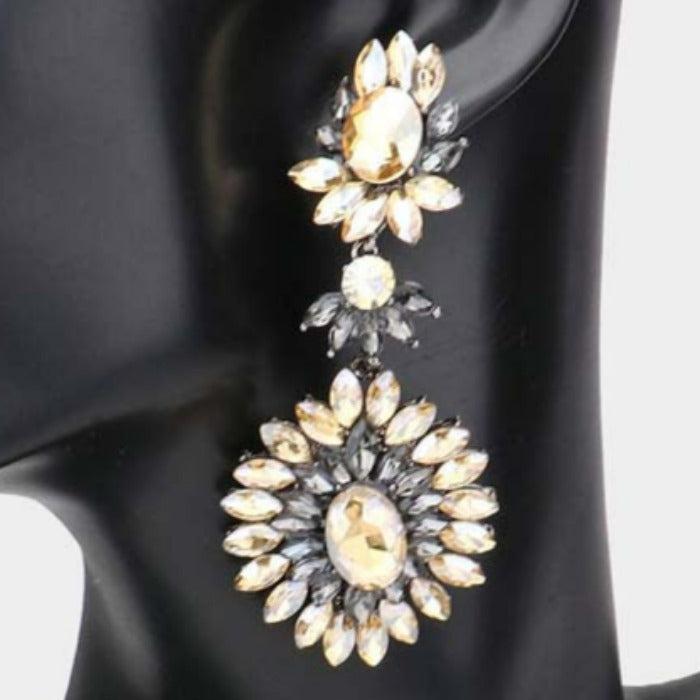 Floral Marquise Black Diamond, Lt Col Topaz Stone Cluster Evening Earrings