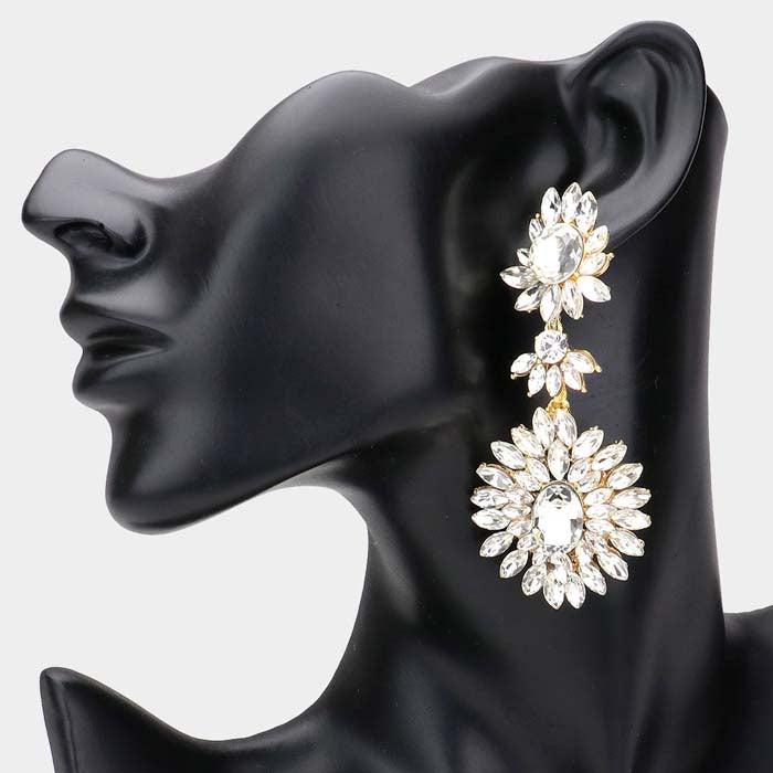 Floral Marquise Clear Stone Cluster Dangle Evening Earrings