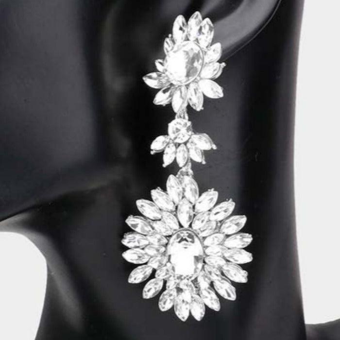 Floral Marquise Clear Stone Cluster Silver Evening Earrings