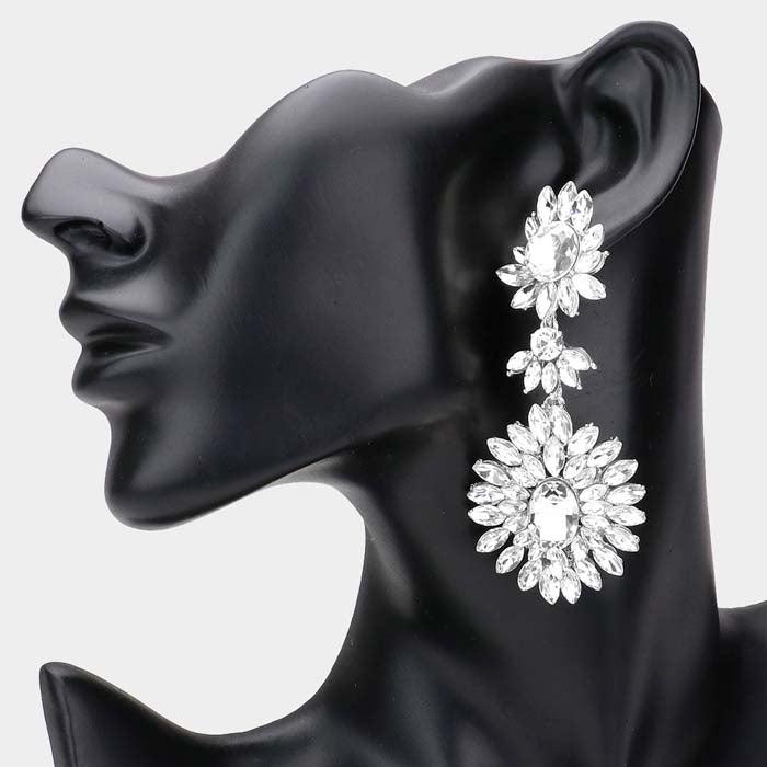 Floral Marquise Clear Stone Cluster Silver Evening Earrings