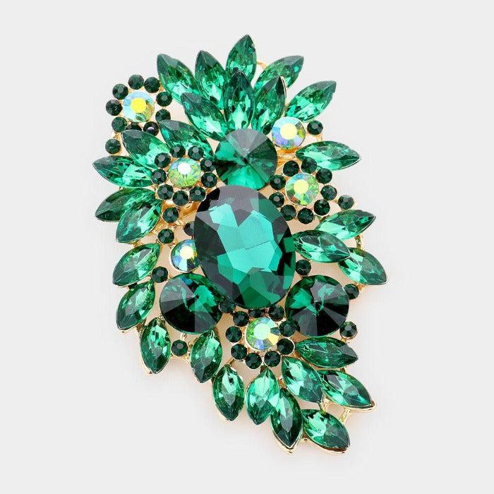 Floral Marquise Green Stone Bouquet Pin Brooch