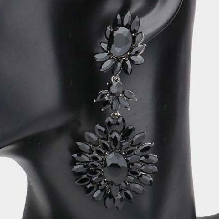Floral Marquise Jet Black Stone Cluster Dangle Evening Earrings