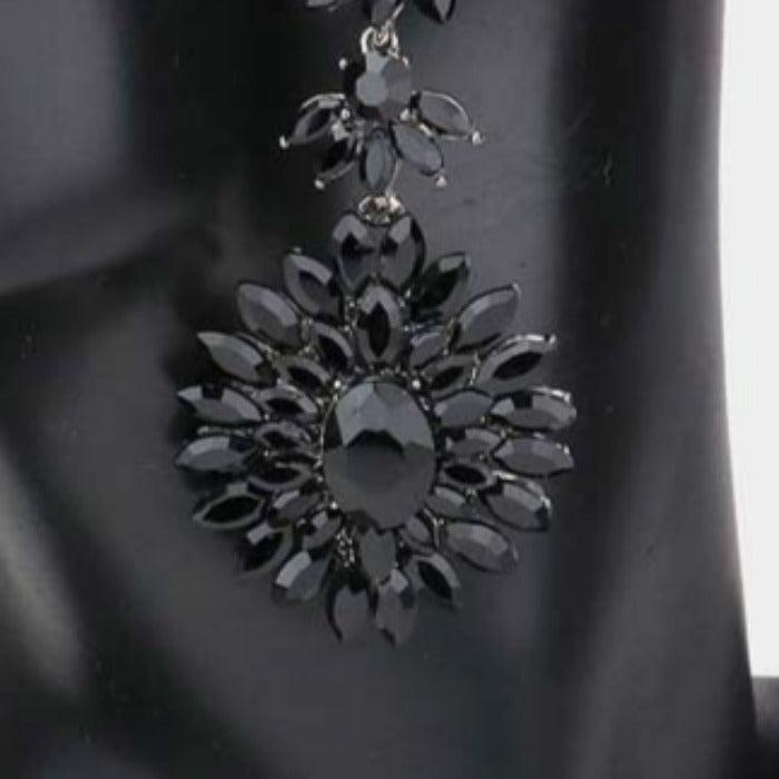 Floral Marquise Jet Black Stone Cluster Dangle Evening Earrings