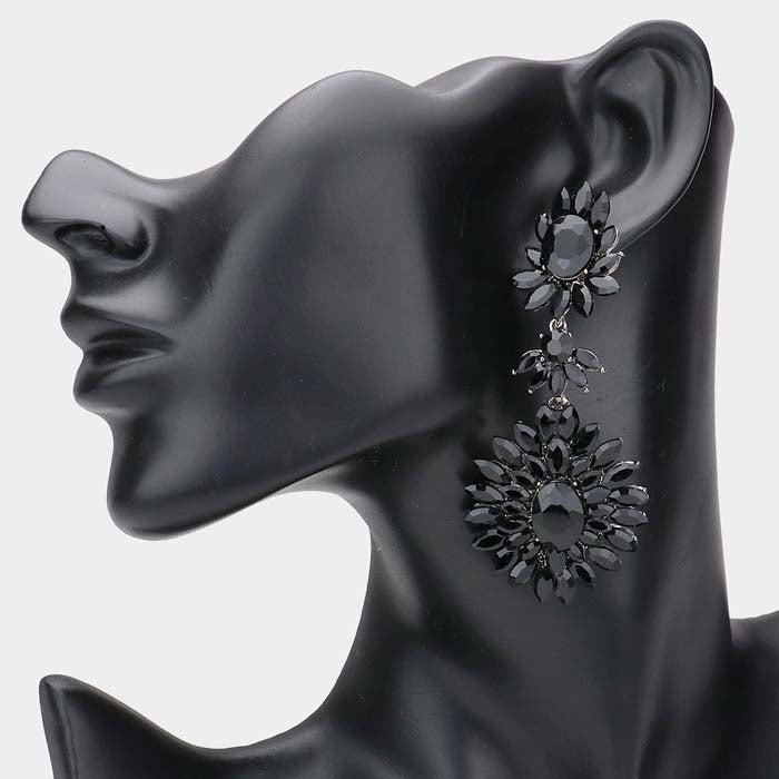 Floral Marquise Jet Black Stone Cluster Dangle Evening Earrings