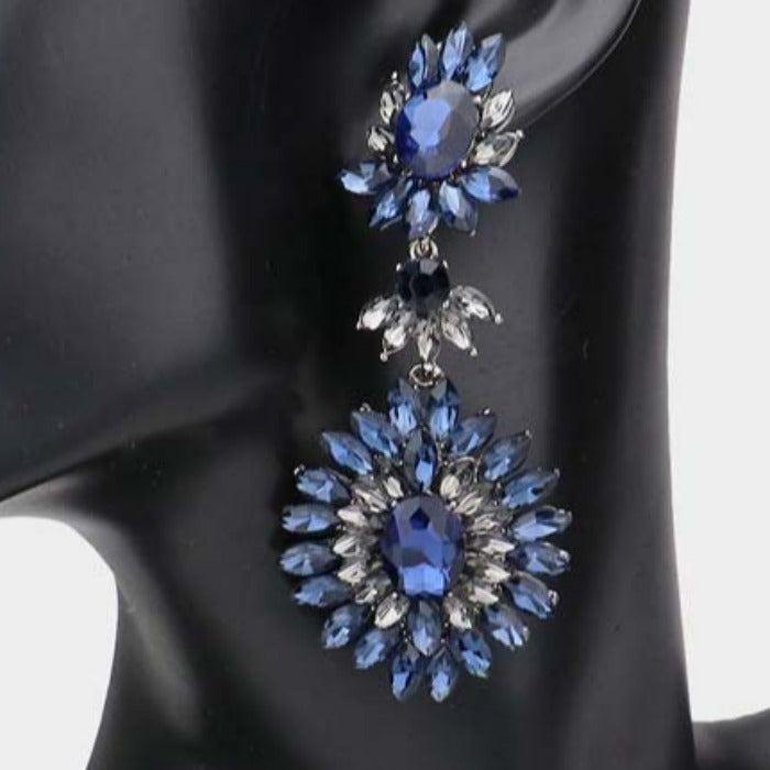 Floral Marquise Montana Blue Stone Cluster Evening Earrings
