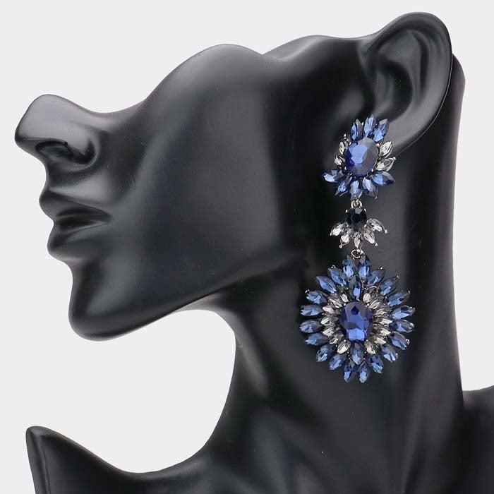 Floral Marquise Montana Blue Stone Cluster Evening Earrings