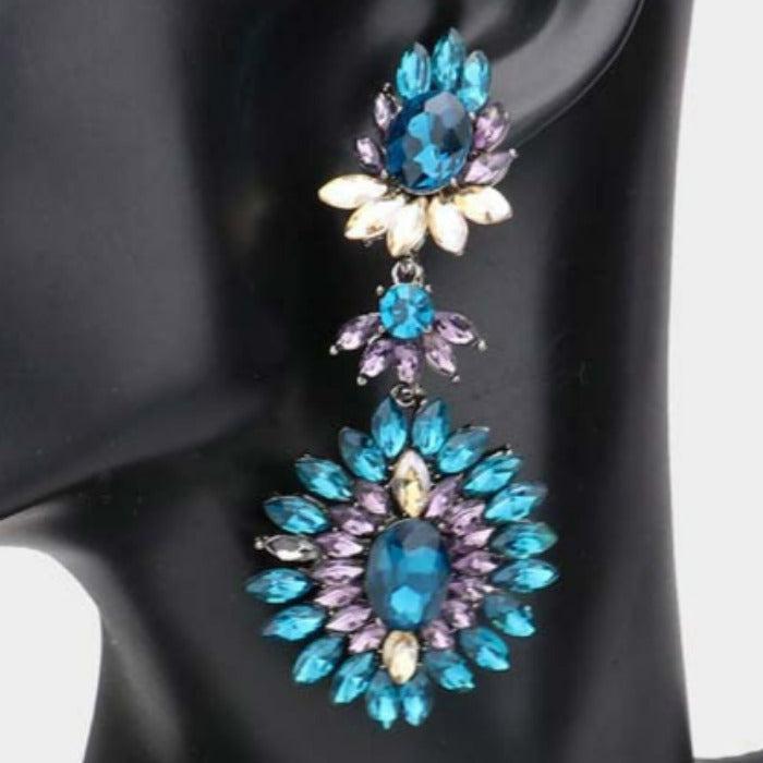 Floral Marquise Multi Colored Stone Cluster Evening Earrings