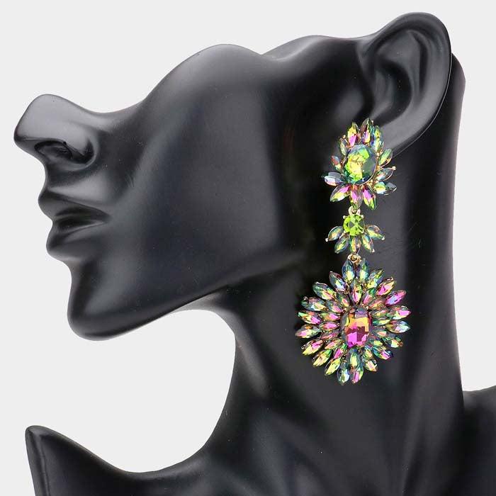 Floral Marquise Oil Spill Stone Cluster Dangle Evening Earrings