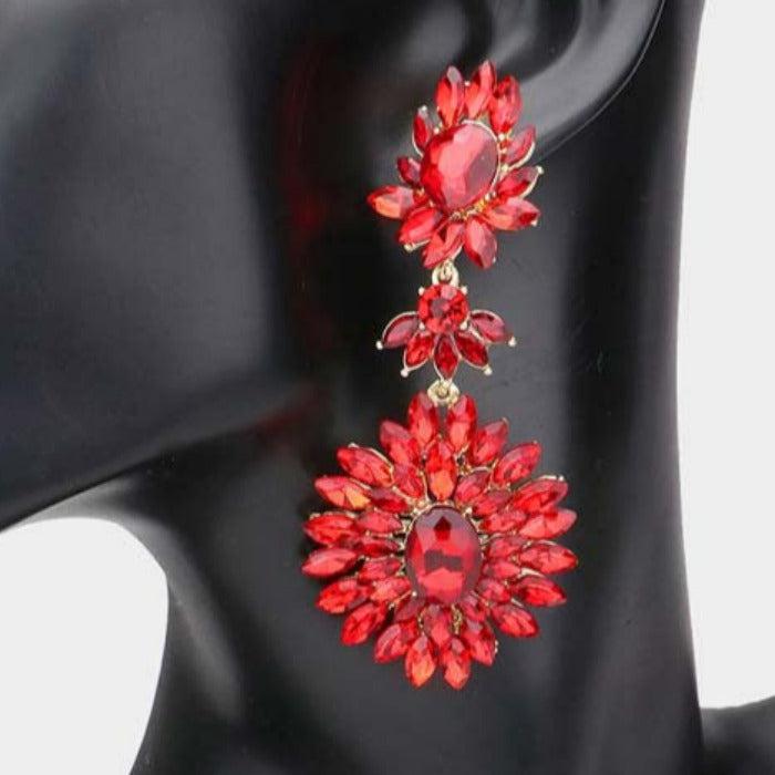 Floral Marquise Red Stone Cluster Dangle Evening Earrings