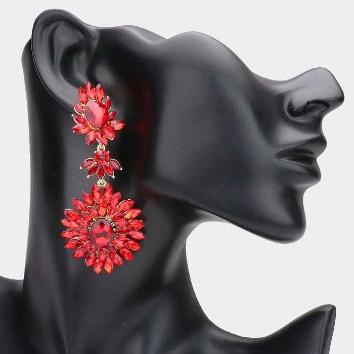 Floral Marquise Red Stone Cluster Dangle Evening Earrings