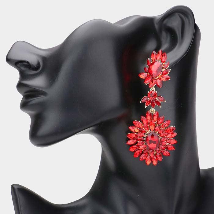 Floral Marquise Red Stone Cluster Dangle Evening Earrings