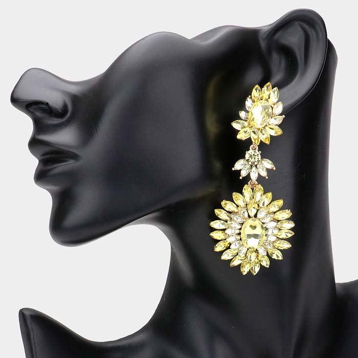 Floral Marquise Yellow Stone Cluster Dangle Evening Earrings