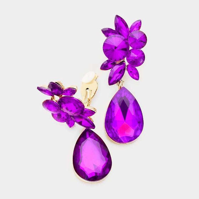 Floral Purple Color Teardrop Crystal Clip On Earrings
