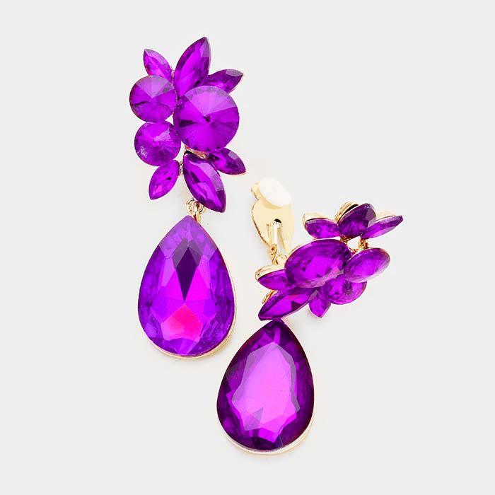 Floral Purple Color Teardrop Crystal Clip On Earrings