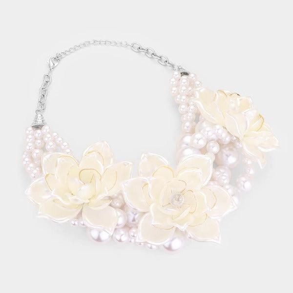 Floral White Collar Crystal Pearl Braid Necklace Set