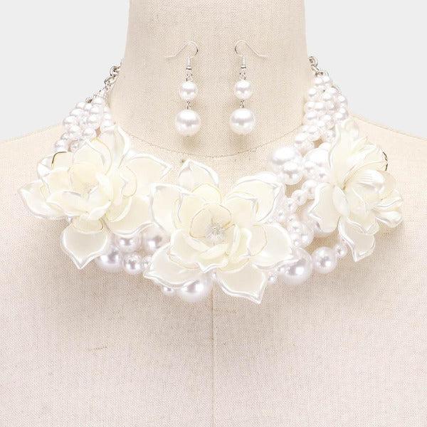 Floral White Collar Crystal Pearl Braid Necklace Set
