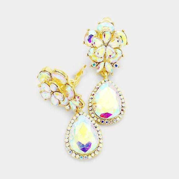 Flower Abalone Crystal Teardrop Dangle Clip on Earrings by Miro Crystal Collection