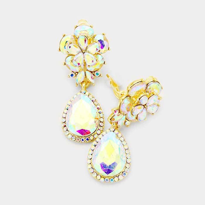 Flower Abalone Crystal Teardrop Dangle Clip on Earrings by Miro Crystal Collection