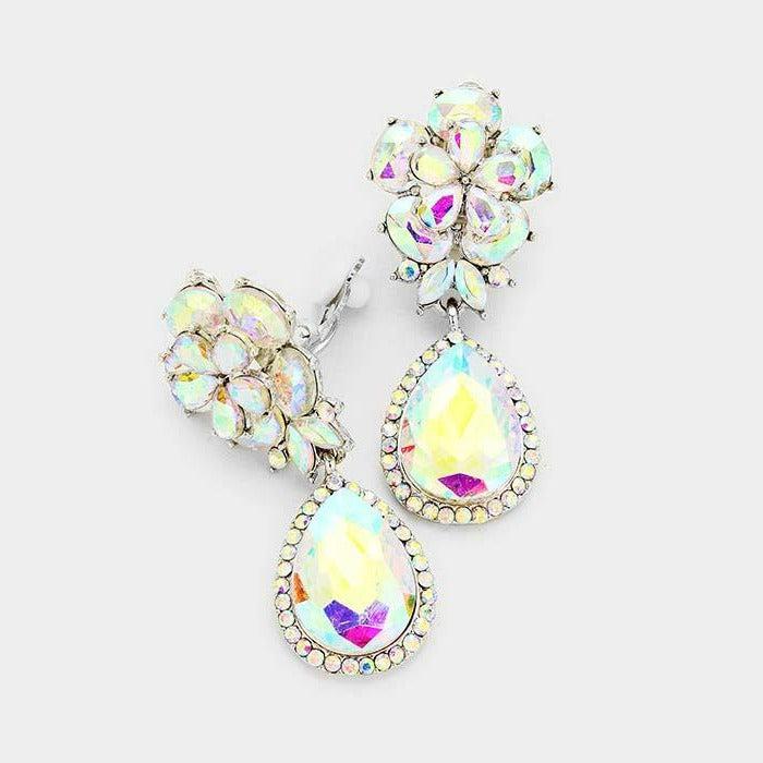 Flower Abalone Crystal Teardrop Dangle Silver Clip on Earrings by Miro Crystal Collection