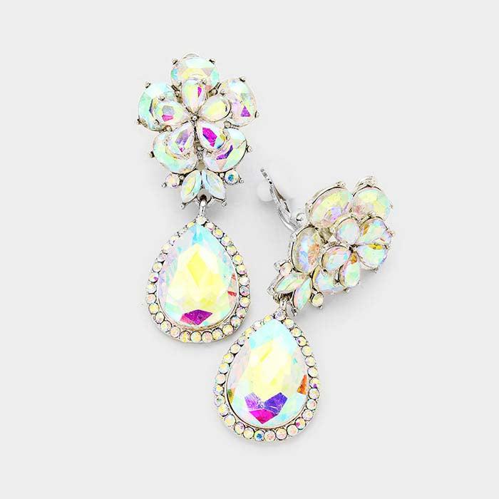 Flower Abalone Crystal Teardrop Dangle Silver Clip on Earrings by Miro Crystal Collection