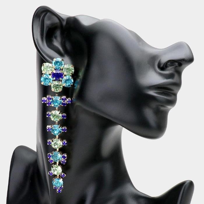 Flower Accented Blue Evening Earrings-Earring-SPARKLE ARMAND