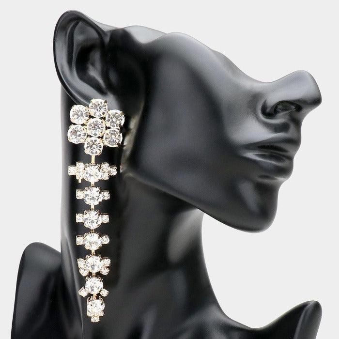 Flower Accented Gold Evening Earrings-Earring-SPARKLE ARMAND