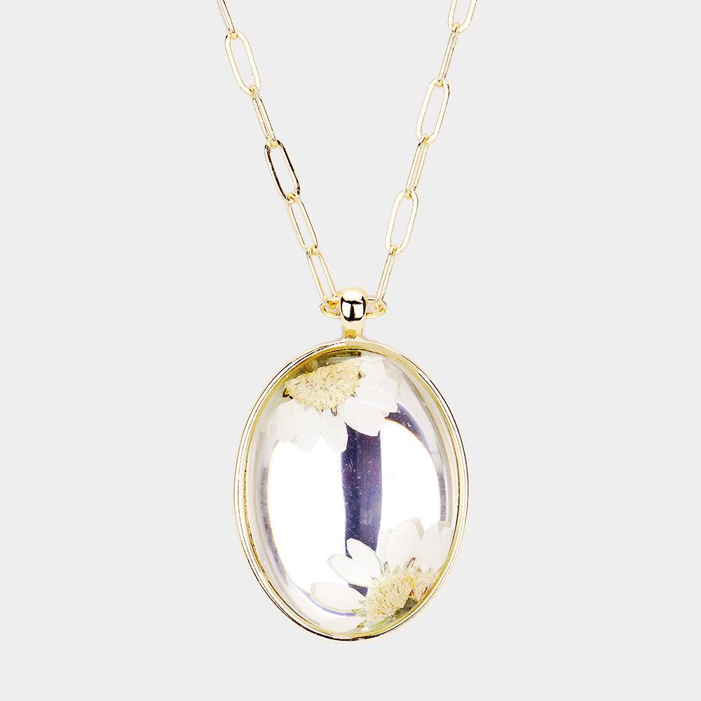 Flower Accented Oval Gold Pendant Necklace