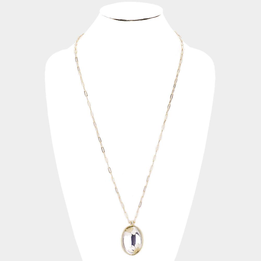 Flower Accented Oval Gold Pendant Necklace