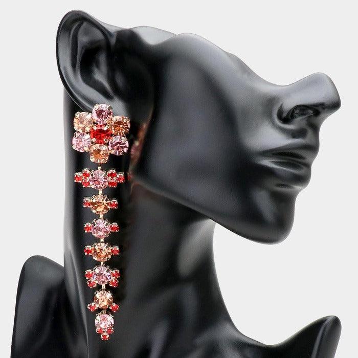 Flower Accented Pink Evening Earrings-Earring-SPARKLE ARMAND
