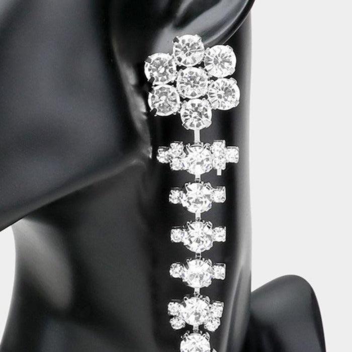 Flower Accented Silver Evening Earrings-Earring-SPARKLE ARMAND