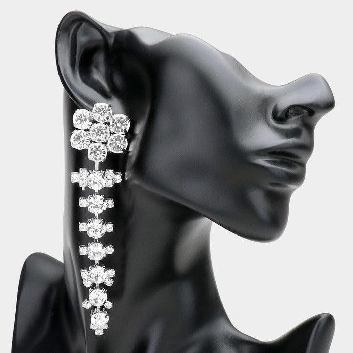 Flower Accented Silver Evening Earrings-Earring-SPARKLE ARMAND