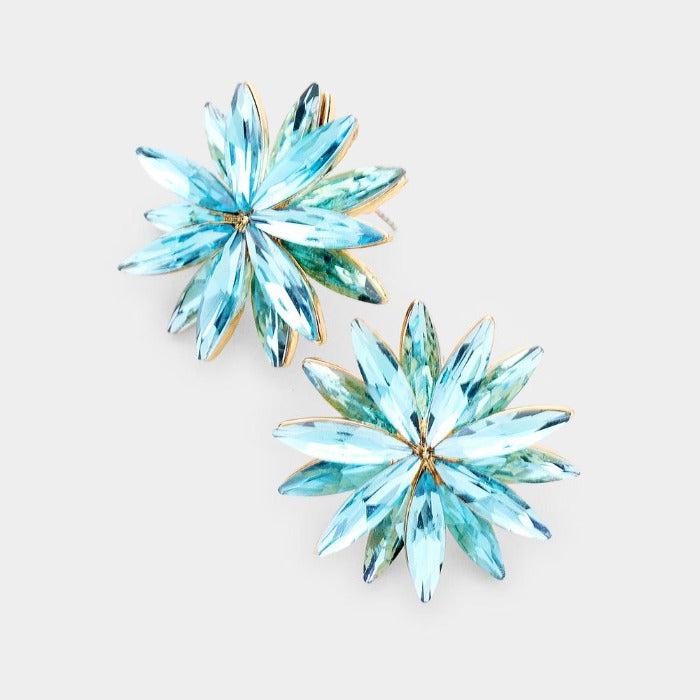 Flower Aqua Blue Crystal Cluster Earrings