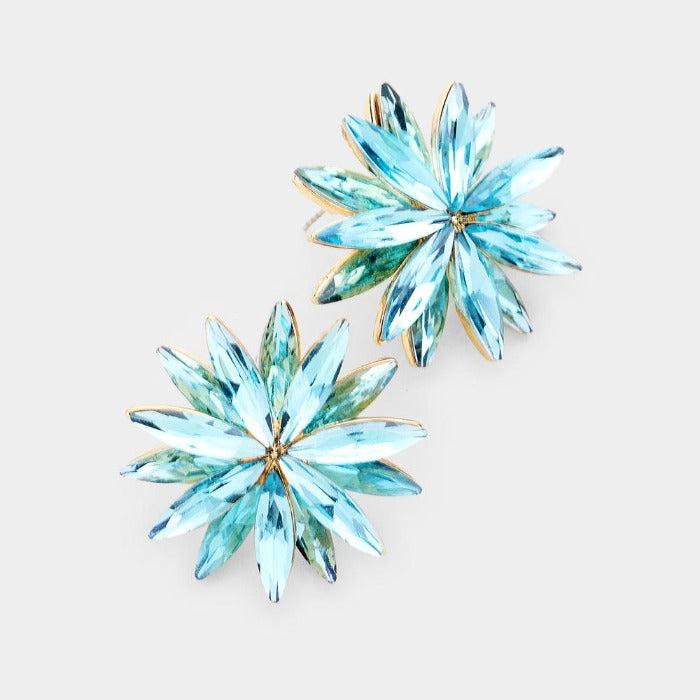 Flower Aqua Blue Crystal Cluster Earrings