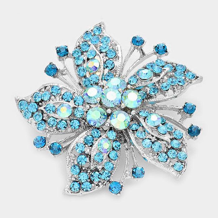 Flower Aqua Blue Crystal Pin Brooch-Brooch-SPARKLE ARMAND