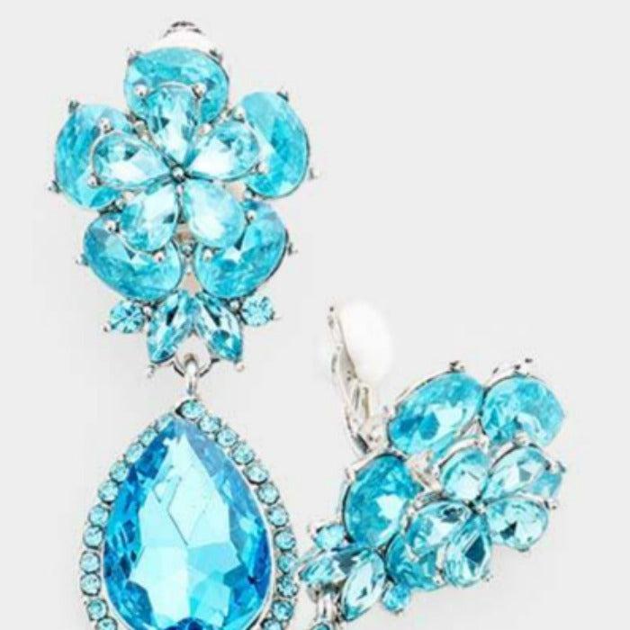 Flower Blue Crystal Teardrop Dangle Clip on Earrings by Miro Crystal Collection