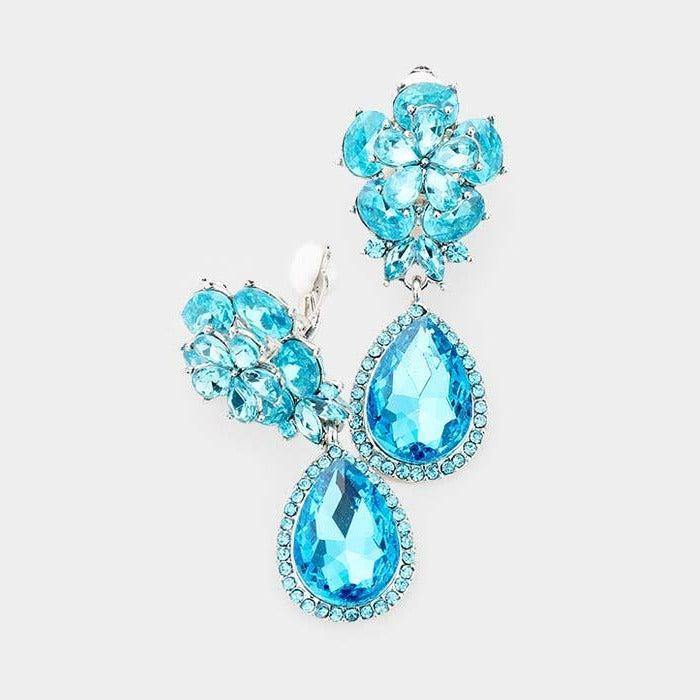 Flower Blue Crystal Teardrop Dangle Clip on Earrings by Miro Crystal Collection