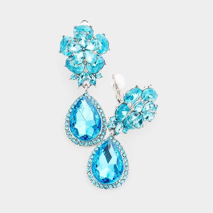 Flower Blue Crystal Teardrop Dangle Clip on Earrings by Miro Crystal Collection